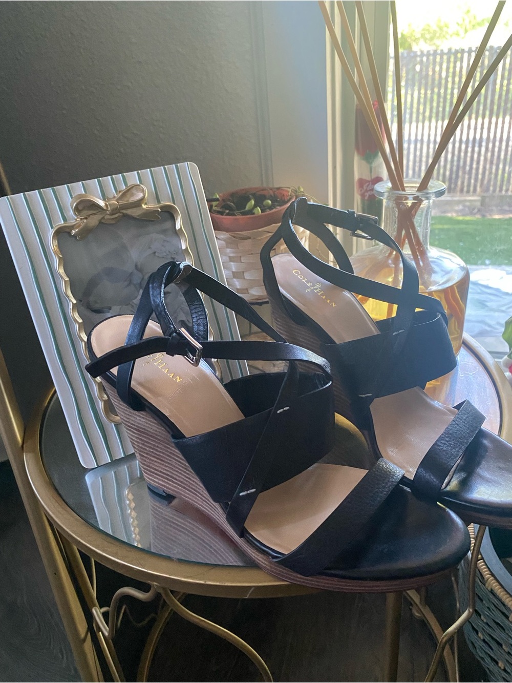 Cole Haan Black Strappy Wedge Sandals with Wood-Tone Heel